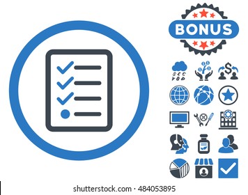 Checklist icon with bonus pictures. Vector illustration style is flat iconic bicolor symbols, smooth blue colors, white background.