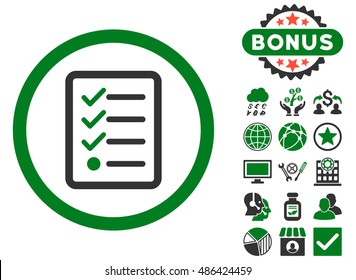 Checklist icon with bonus symbols. Vector illustration style is flat iconic bicolor symbols, green and gray colors, white background.