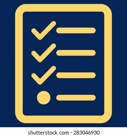 Checklist icon from Business Bicolor Set. Vector style: flat symbol, yellow color, rounded angles, blue background.