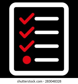 Checklist icon from Business Bicolor Set. Vector style: bicolor flat symbol, red and white colors, rounded angles, black background.