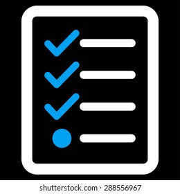 Checklist icon from Business Bicolor Set. Vector style: bicolor flat symbol, blue and white colors, rounded angles, black background.
