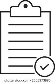 Checklist icon with check mark document gear pencil tables analytics questionnaire notes and notebooks on a clipboard symbol line vector isolated on transparent background.