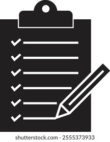 Checklist icon with check mark document gear pencil tables analytics questionnaire notes and notebooks on a clipboard symbol flat vector isolated on transparent background.