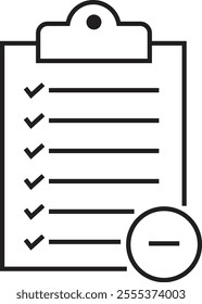 Checklist icon with check mark document gear pencil tables analytics questionnaire notes and notebooks on a clipboard symbol line vector isolated on transparent background.