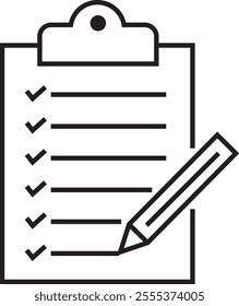 Checklist icon with check mark document gear pencil tables analytics questionnaire notes and notebooks on a clipboard symbol line vector isolated on transparent background.