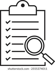 Checklist icon with check mark document gear pencil tables analytics questionnaire notes and notebooks on a clipboard symbol line vector isolated on transparent background.