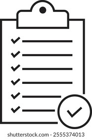 Checklist icon with check mark document gear pencil tables analytics questionnaire notes and notebooks on a clipboard symbol line vector isolated on transparent background.