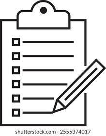 Checklist icon with check mark document gear pencil tables analytics questionnaire notes and notebooks on a clipboard symbol line vector isolated on transparent background.