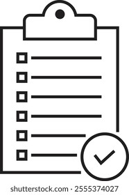 Checklist icon with check mark document gear pencil tables analytics questionnaire notes and notebooks on a clipboard symbol line vector isolated on transparent background.