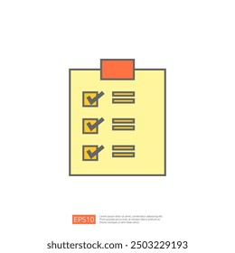 Checklist icon with check marks on a clipboard. Yellow, orange and blue color scheme. Simple, flat style design.