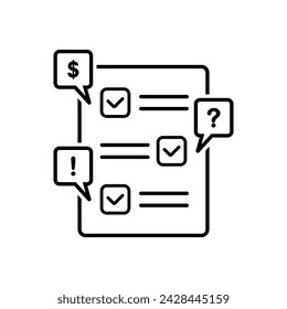 Checklist icon, check marks. Test or list concept. Tick, cross or question signs. Test buttons, signs or labels. tick, cross, question mark and exclamation point. Vector set