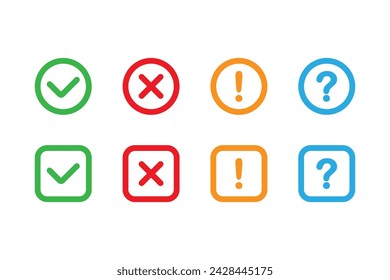 Checklist icon, check marks. Tick, cross or question signs. True or false. Test buttons, signs or labels. tick, cross, question mark and exclamation point. Vector set