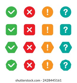 Checklist icon, check marks. True or false. Yes and no buttons. Tick, cross or question signs. Test buttons, signs or labels. tick, cross, question mark and exclamation point. Vector set