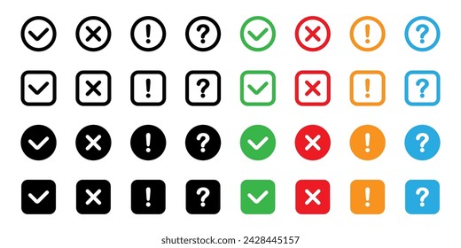 Checklist icon, check marks. Yes and no buttons. Tick, cross or question signs. True or false. Test buttons, signs or labels. tick, cross, question mark and exclamation point. Vector set