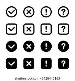 Icono Lista de comprobación, marcas de verificación. Botones Sí y No. Señales de marca, cruz o pregunta. True o false. Botones de prueba, signos o etiquetas. Marca, cruz, signo de interrogación y signo de exclamación. Conjunto de vectores