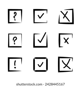 Icono Lista de comprobación, marcas de verificación. Botones Sí y No. Señales de marca, cruz o pregunta. True o false. Botones de prueba, signos o etiquetas. Marca, cruz, signo de interrogación y signo de exclamación. Conjunto de vectores