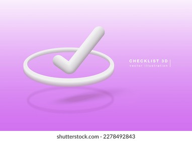 checklist icon, clean white 3d check mark symbol isolated on light purple background.