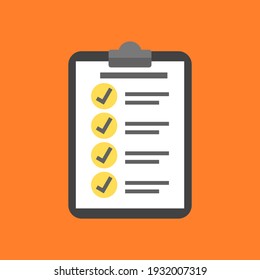 checklist icon. clipboard with check mark sign and text symbol isolated on orange color background. vector illustration