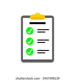 checklist icon. clipboard with check mark sign on green circle and text symbol on white paper isolated on white background. vector illustration