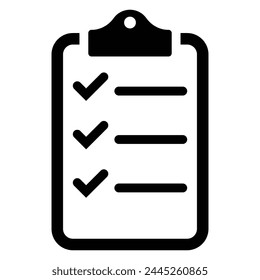 Checklist icon. Clipboard checklist or document with check mark with text in flat style. Black outline checkmark symbol. Vector illustration.