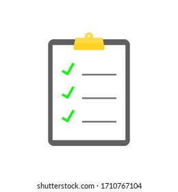 checklist icon. clipboard with golden clip and green check mark sign on white paper isolated on white background. vector illustration 