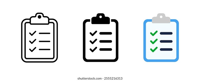 Checklist icon. Clipboard vector illustration. Checkup plan on the board symbol. Paper document with check marks and fields sign. Schedule note. Report pictogram. Test and exam workbook isolated glyph