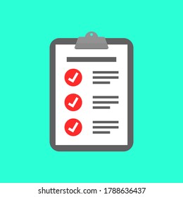 checklist icon. clipboard with white check mark sign tick on red circle on white paper isolated on white background. vector illustration
