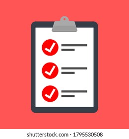 checklist icon. clipboard with white check mark sign tick on red circle on white paper isolated on red background. vector illustration