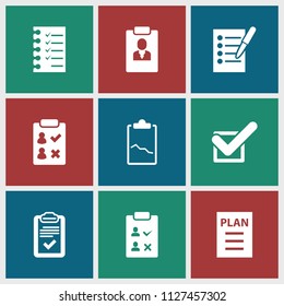 Checklist icon. collection of 9 checklist filled icons such as clipboard, tick, plan, check list. editable checklist icons for web and mobile.