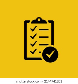 Checklist icon. Control list. Black silhouette, pictogram as a symbol. For web and print. Sign on the landing page or application. Vector illustration flat design. Isolated on yellow background.