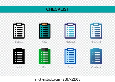 Checklist icon in different style. Checklist vector icons designed in outline, solid, colored, filled, gradient, and flat style. Symbol, logo illustration. Vector illustration