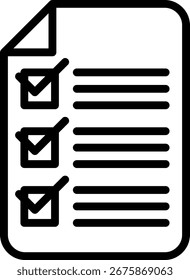 Ícone de lista de verificação exibindo um documento com marcas de seleção, representando tarefas concluídas, dados, resultados de pesquisas e gerenciamento de projetos.