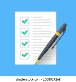 Checklist icon. Document with green ticks checkmarks. Checklist and pen. Application form, complete tasks, to-do list, survey concepts. Vector icon