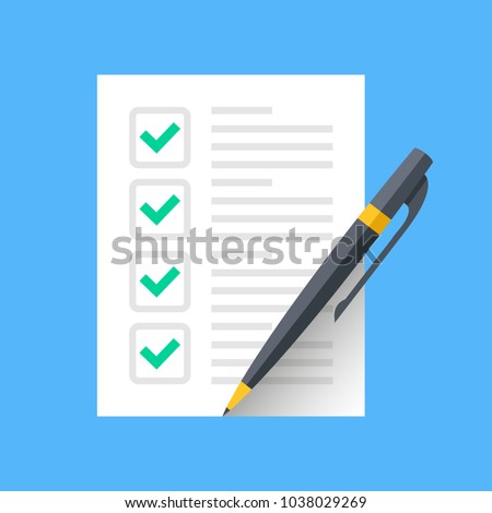 Checklist icon. Document with green ticks checkmarks. Checklist and pen. Application form, complete tasks, to-do list, survey concepts. Vector icon