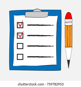 Checklist icon in doodle sketch lines. Office report information. Sketch hand with clipboard checklist and pen isolated on white background vector illustration. Checklist and pencil tick. To do list.