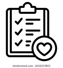 A checklist icon featuring a clipboard and heart, ideal for health and wellness applications.