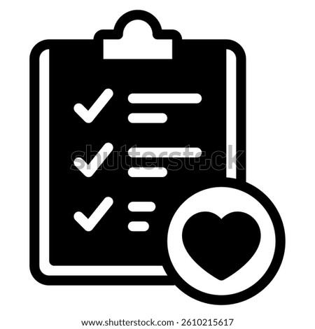 A checklist icon featuring a clipboard and heart, ideal for health and wellness applications.