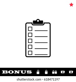 Checklist icon flat. Black pictogram on white background. Vector illustration symbol and bonus button open and closed lock, folder, star