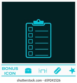 Checklist icon flat. Blue pictogram on dark background. Vector illustration symbol and bonus icons