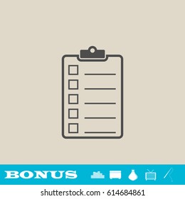 Checklist icon flat. Grey pictogram on light background. Vector illustration symbol and bonus button real estate, ottoman, vase, tv, fishing rod