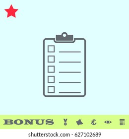 Checklist icon flat. Grey pictogram on blue background. Vector illustration symbol and bonus buttons medal, cow, earth, eye, calculator
