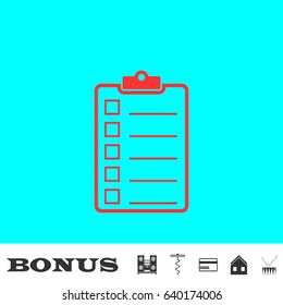 Checklist icon flat. Red pictogram on blue background. Vector illustration symbol and bonus buttons Music center, corkscrew, credit card, house, drum