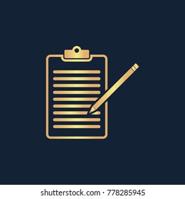Checklist icon flat. Simple gold pictogram on dark background. Vector illustration symbol