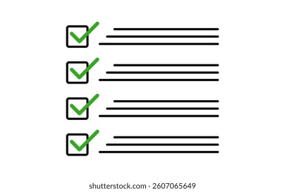 Checklist icon with four completed tasks. Green checkmarks in boxes, symbolizing task completion, organization, and productivity. Minimalist black-and-white business and workflow illustration