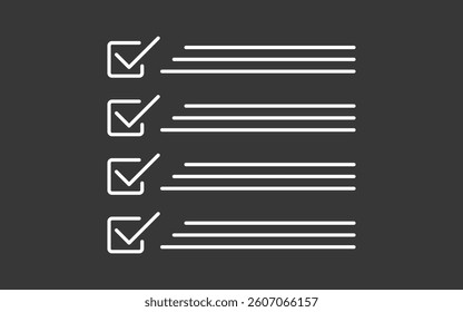Checklist icon with four completed tasks. Green checkmarks in boxes, symbolizing task completion, organization, and productivity. Minimalist black-and-white business and workflow illustration