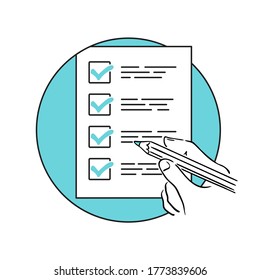 Checklist icon (goals, testing or notes) - hand with pencil and paper inside a circle - isolated vector illustration