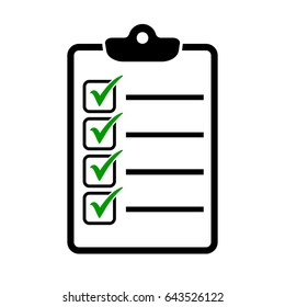 Checklist icon with green check mark in a box, vector illustration.