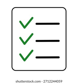 Ícone de lista de verificação. Marcas de verificação verdes e linhas horizontais em um fundo branco. Design simples e limpo. Conceito de conclusão, aprovação e verificação de tarefas.