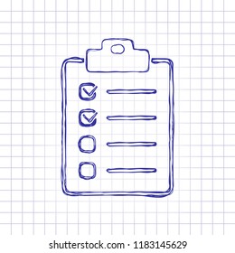 Checklist icon. Hand drawn picture on paper sheet. Blue ink, outline sketch style. Doodle on checkered background