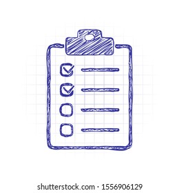 Checklist icon. Hand drawn sketched picture with scribble fill. Blue ink. Doodle on white background